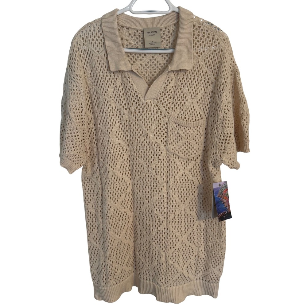 Massive Luxury Mens Crochet Knit Polo Shirt Cream Beige Cotton Open Weave Large